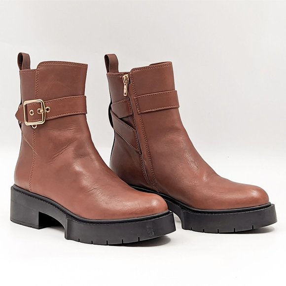 Coach Women Lacey Brown Leather Buckle Platform Office Dressy Boots size 7.5 - Picture 1 of 13